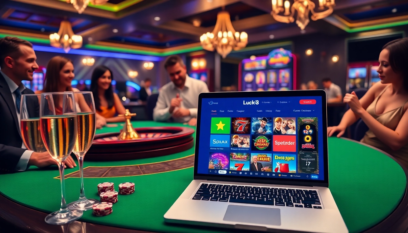 Luck8 players excitedly engage at a luxurious blackjack table in an upscale casino setting.