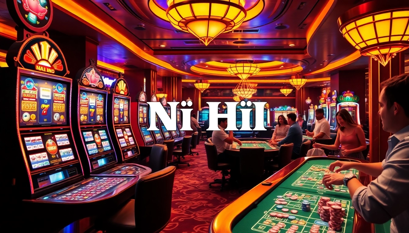 Nổ Hũ action with vibrant slot machines and captivated gamblers in a luxurious casino.