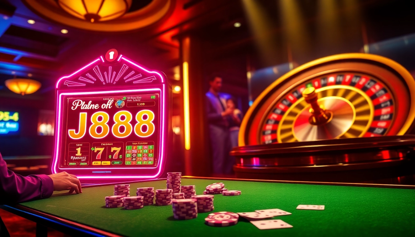 Engaged players enjoying the luxurious J888 slot machine experience in a vibrant casino setting.