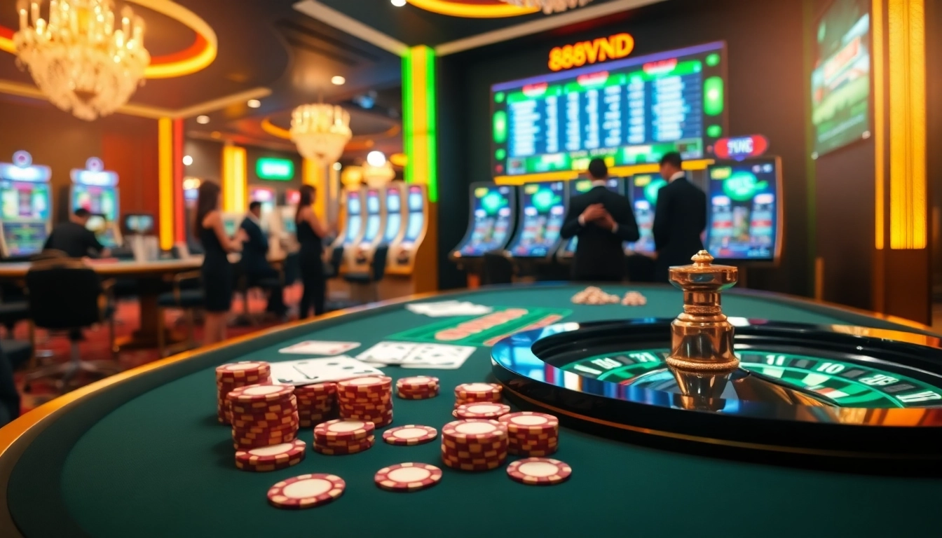 Engaging casino scene highlighting 888VND with poker chips and a luxurious roulette wheel.
