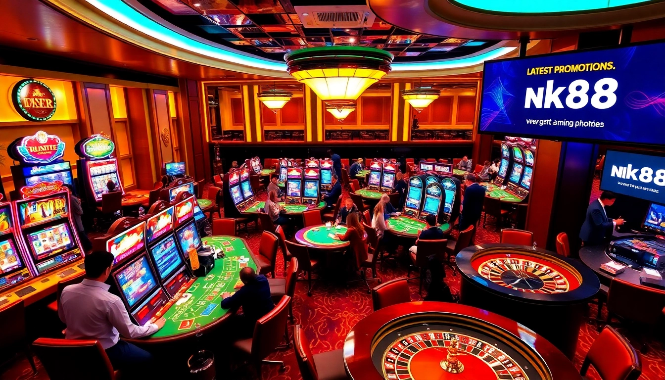 Experience the excitement of nk88 with players enjoying games at a luxurious casino setting.