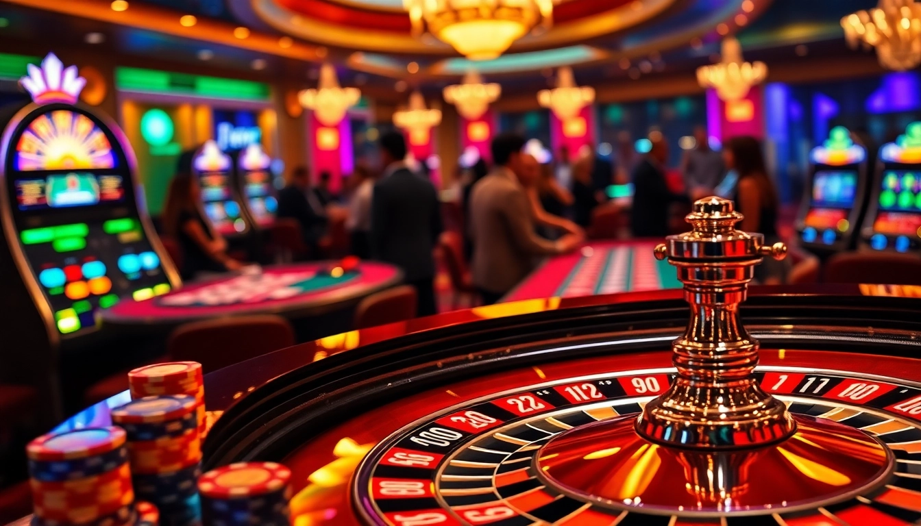 Experience the thrill of rikbet gaming at a luxurious casino with vibrant roulette and poker tables.