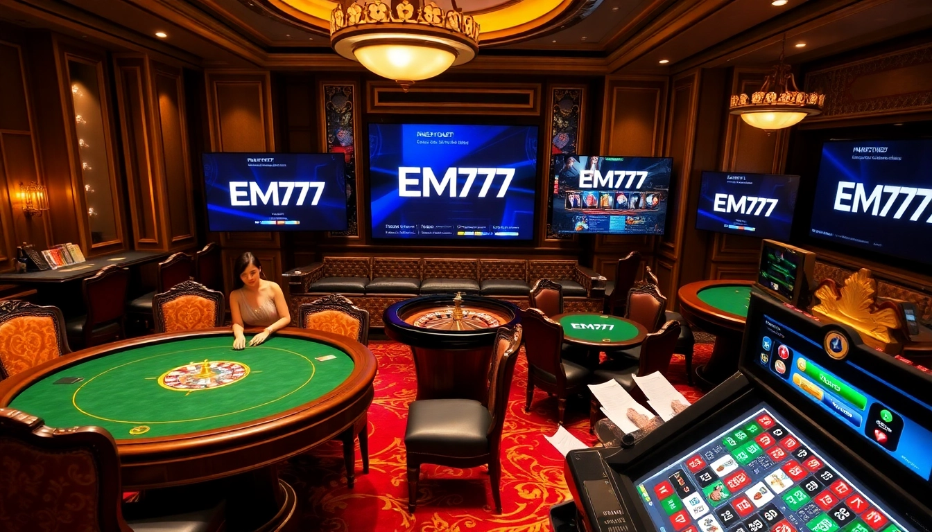 EM777 casino players enjoying exciting table games and vibrant slot machines.