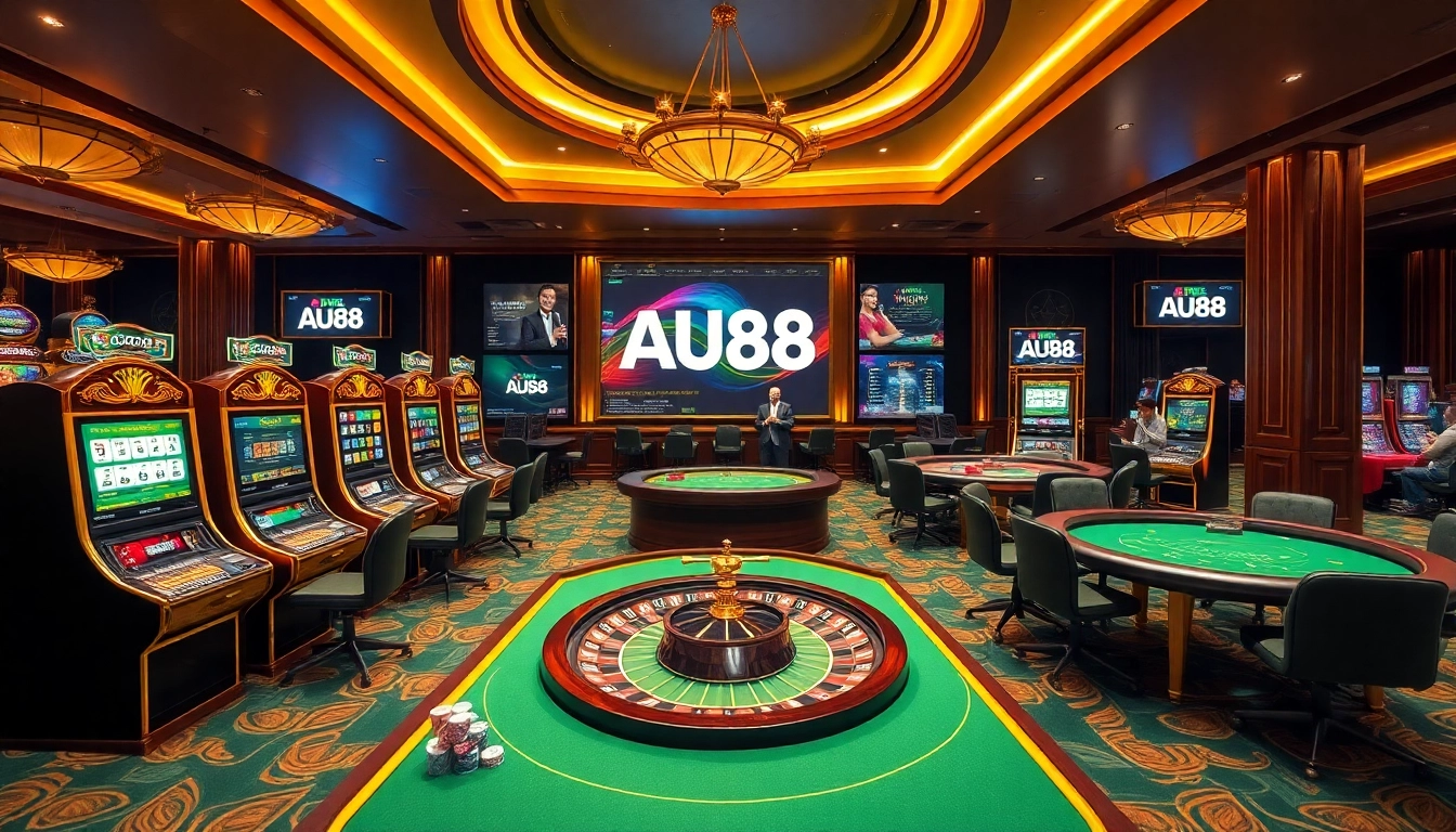 Engaging players experience thrilling gambling at AU88 casino, showcasing vibrant slot machines and poker tables.