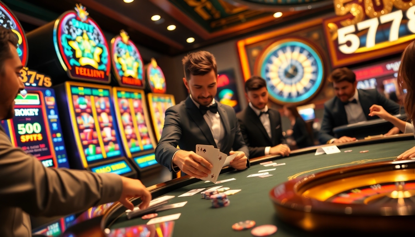 Players engaging in an exciting 5z777 slot machine experience at a vibrant casino.