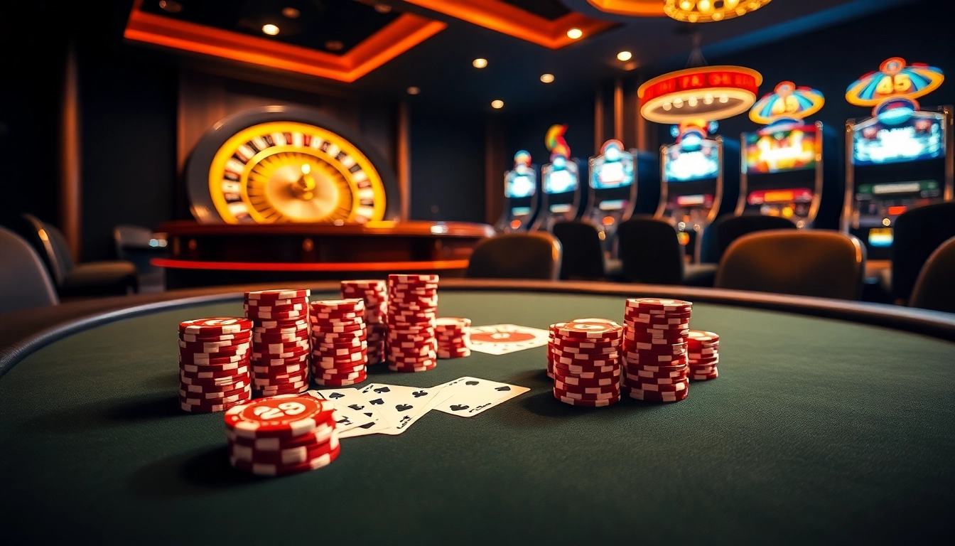 Kp88 poker chips stacked on an elegant poker table in a luxurious casino atmosphere.