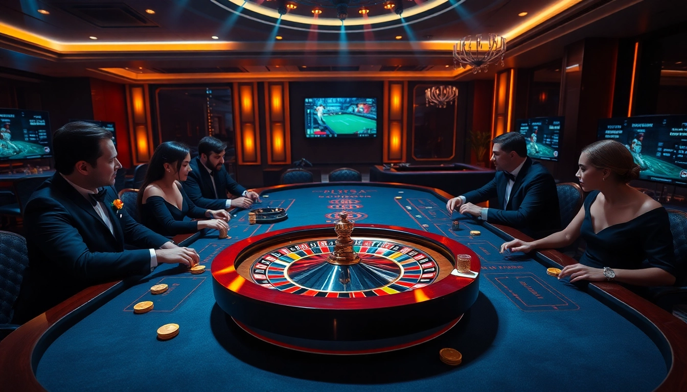 Players enjoying an immersive BL555 casino experience with vibrant poker tables and roulette wheels.