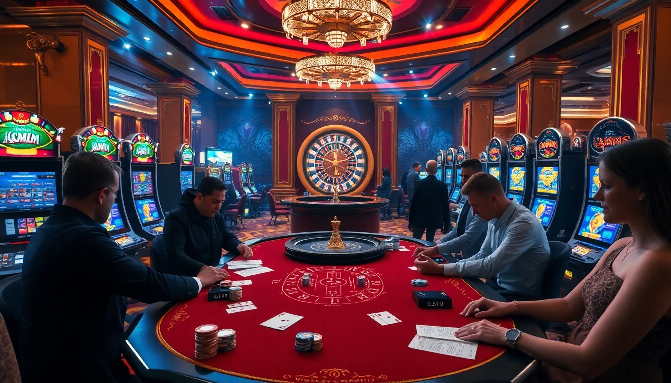 Kuwin casino scene with players enjoying poker and slot machines in a vibrant atmosphere.