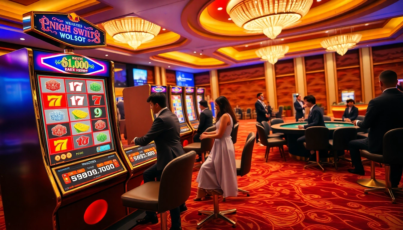 Engage in nỗ hu excitement at a luxurious casino with vibrant slot machines and players.