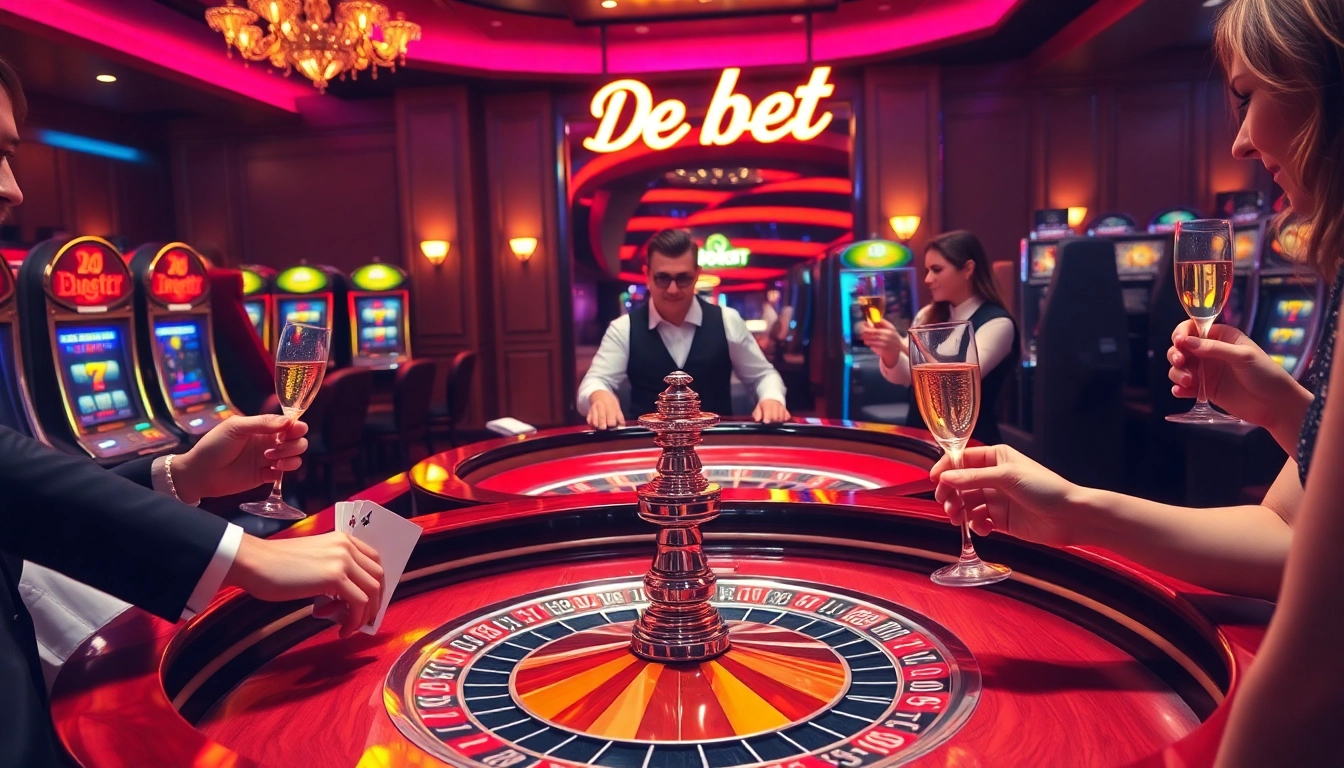 Exciting casino experience with De bet showcasing a vibrant roulette table and lively patrons.