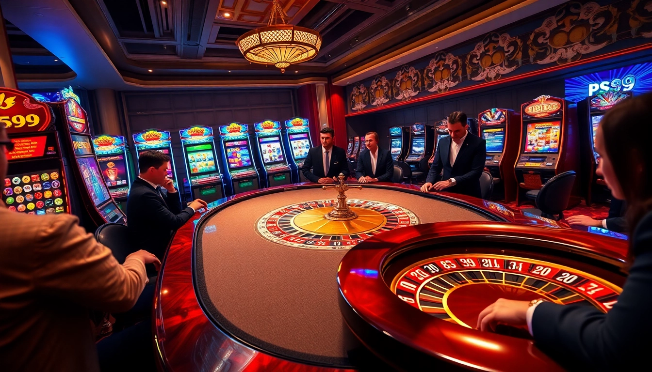 Engaged players placing bets at PS99's glamorous casino table filled with chips and cards.