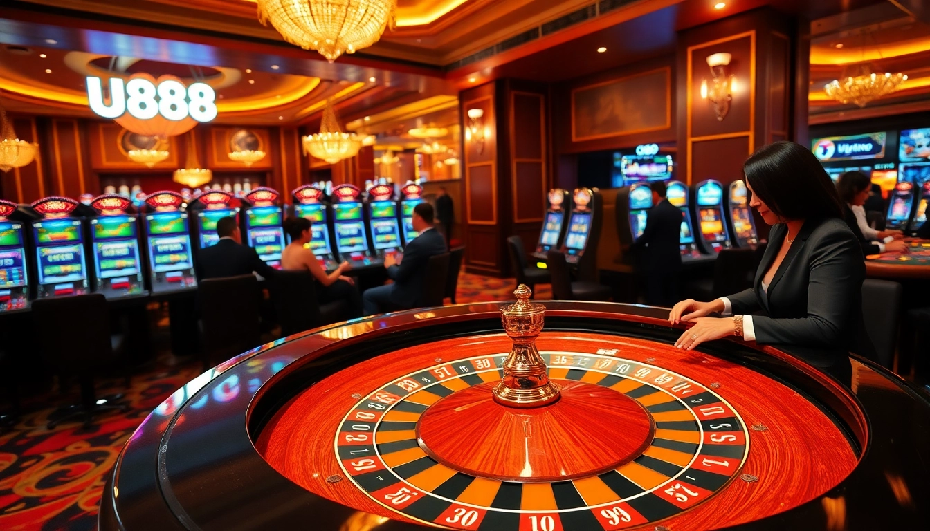 Players enjoying the excitement of U888 at a luxurious casino table with chips and cards.