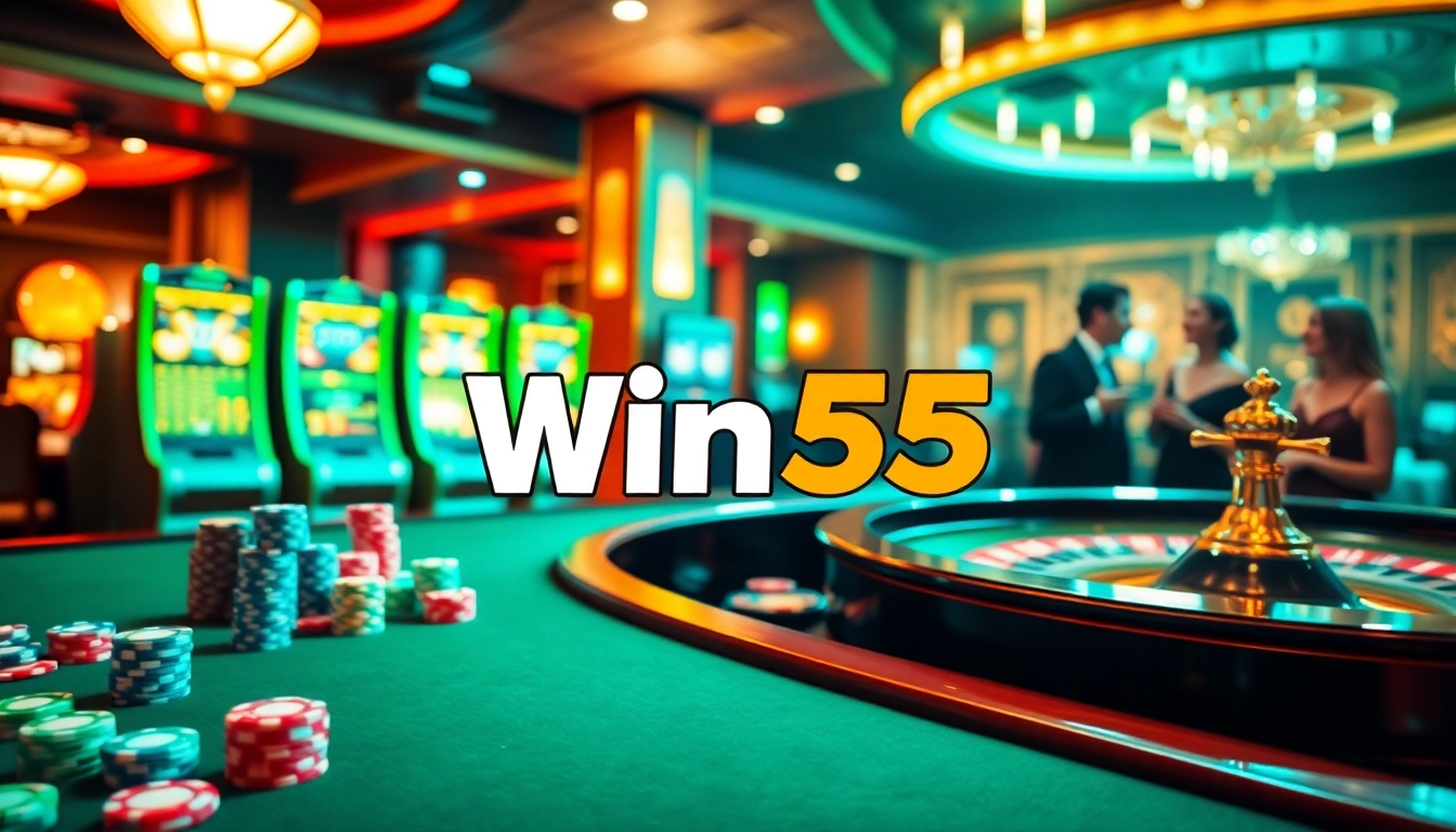 Win55 players enjoying a thrilling game at an elegant casino table with colorful chips.