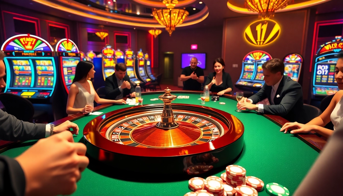 Excited players enjoying luxury gaming at https://rr99.center/, featuring roulette, chips, and cards.