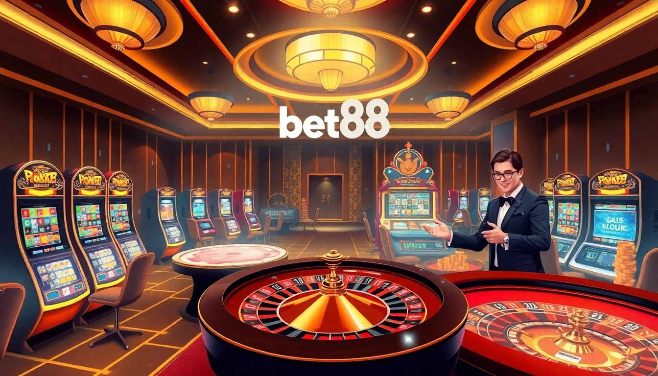 Experience the thrill of Bet88 with vibrant casino games, engaging gamblers, and luxurious atmosphere.