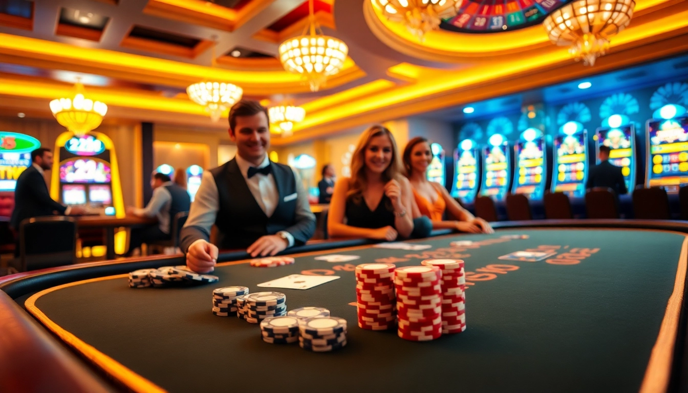 Experience the excitement of the 222bd club with elegant casino tables and vibrant slot machines.