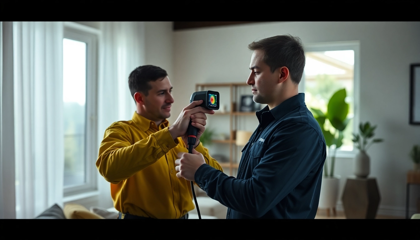 Water leak detection technician using thermal imaging to find leaks in a home.