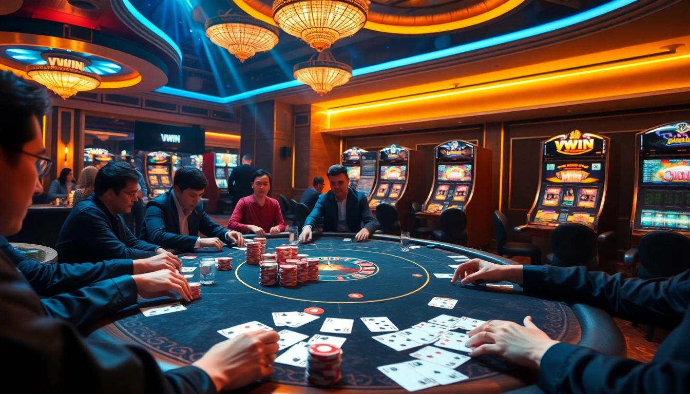 Players at a VWIN casino enjoying high-stakes poker with vibrant atmosphere and luxurious details.