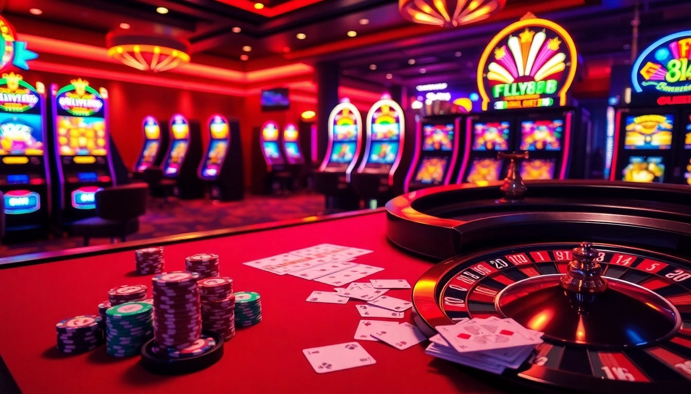 Engaging FLY88 casino scene with vibrant gaming tables, poker chips, and spinning roulette wheel.