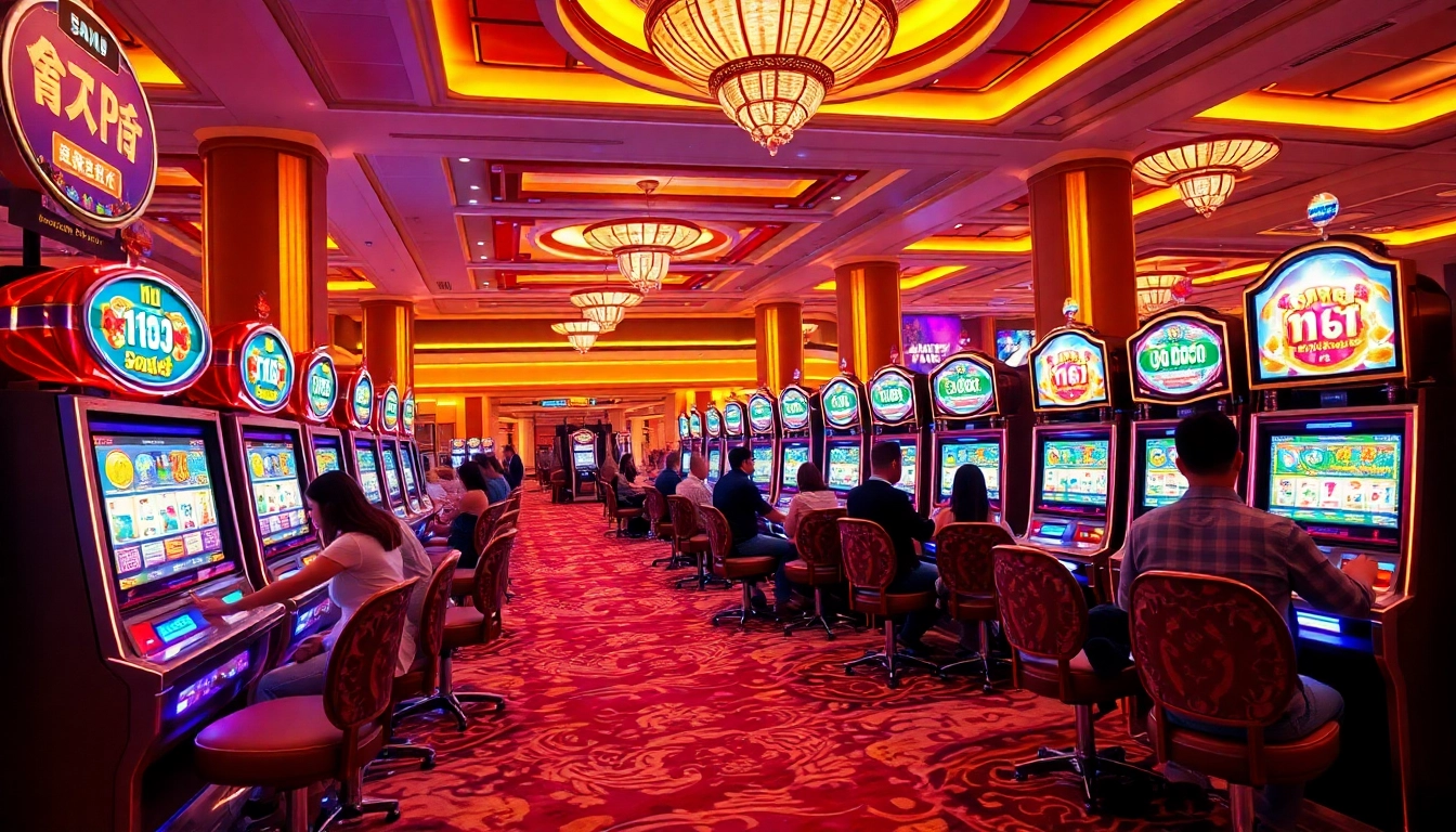 Players enjoying a thrilling nổ hũ slot game in a luxurious casino setting with vibrant lights.