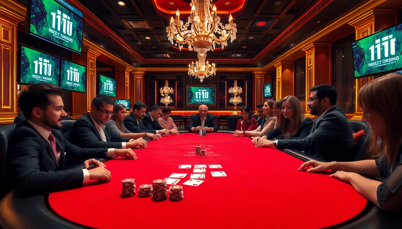 Players enjoying an exciting poker game at 11UU's luxurious casino table with chips and cards.