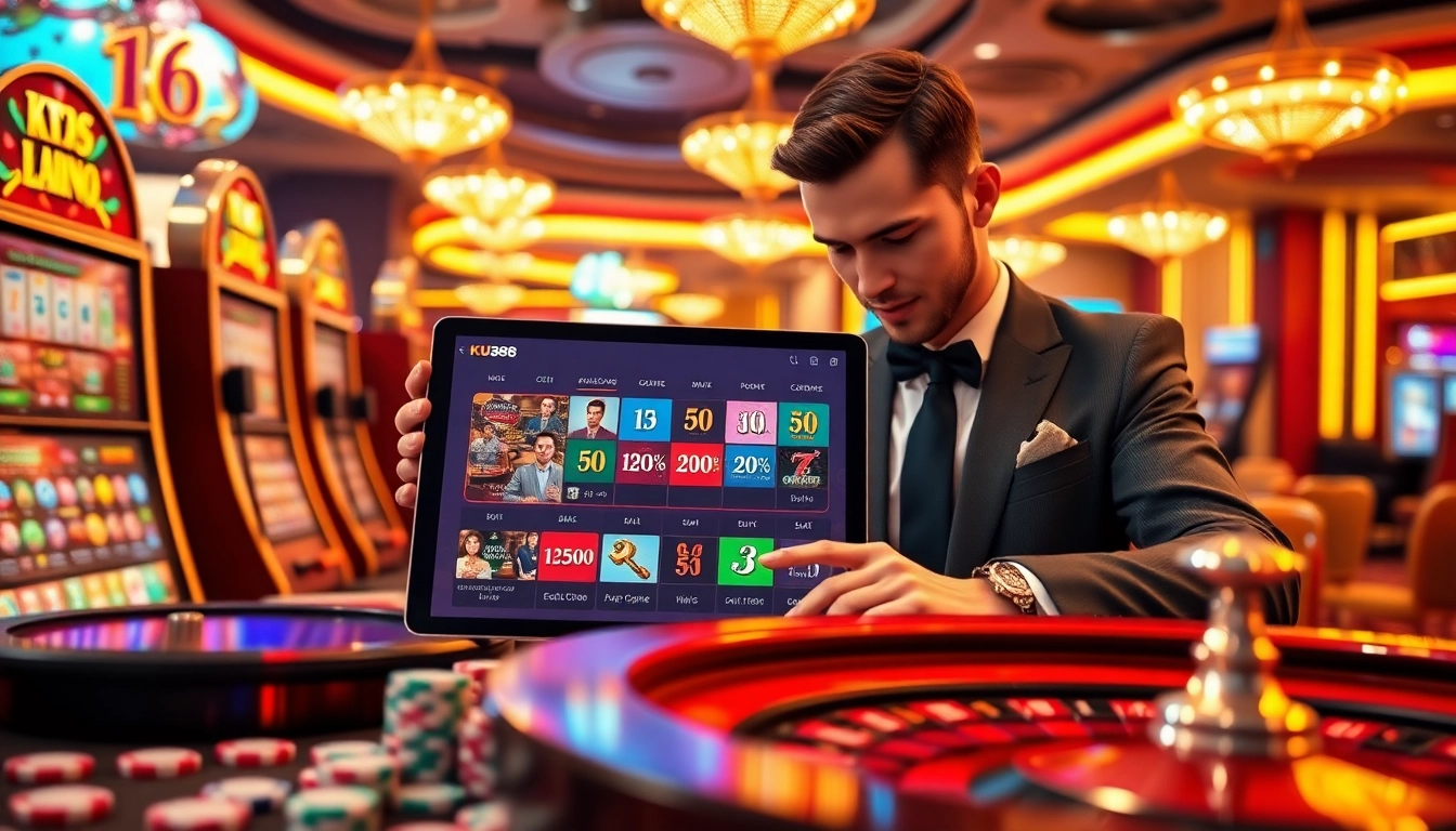 Engage with the vibrant KU88 online casino interface along with poker chips and roulette wheels.