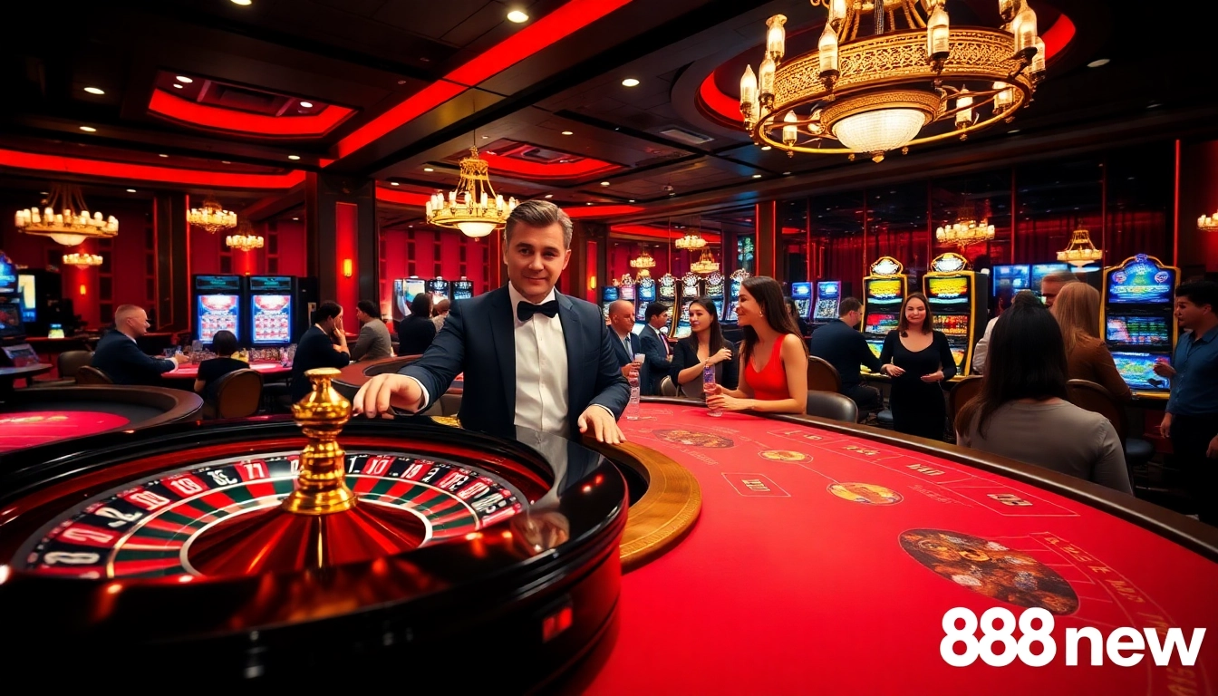 Experience high-stakes excitement at 888new with professional dealers and vibrant casino decor.