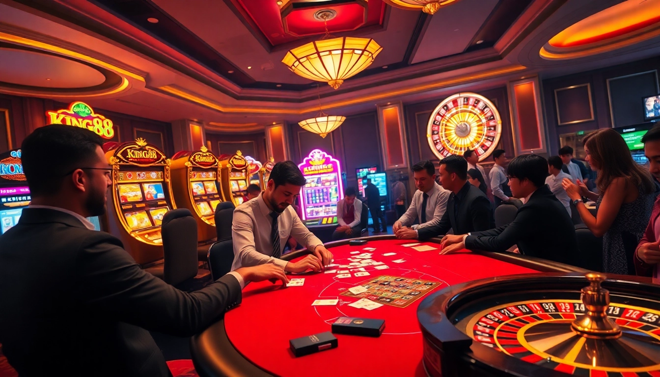 King88 gaming table scene showcasing players betting with excitement on casino games.