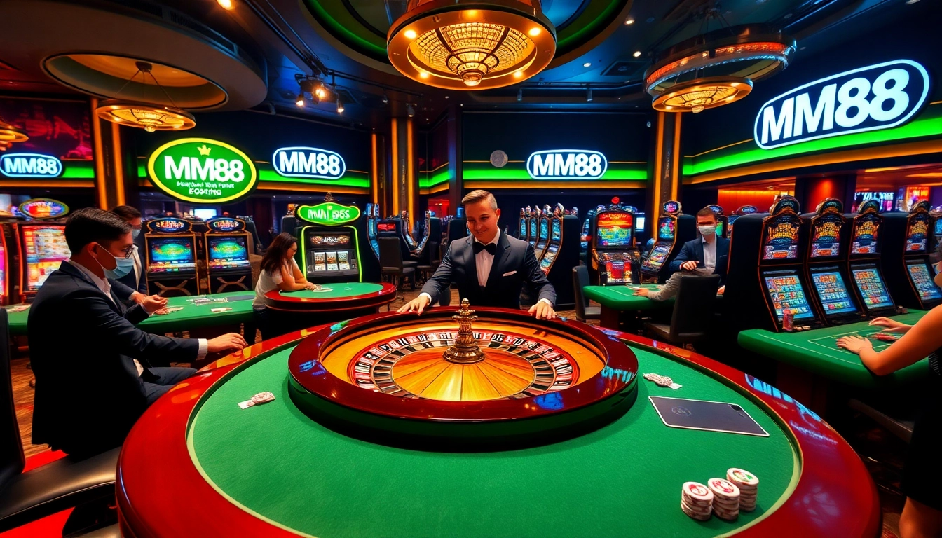 Players winning at MM88 casino, showcasing poker chips and roulette excitement.