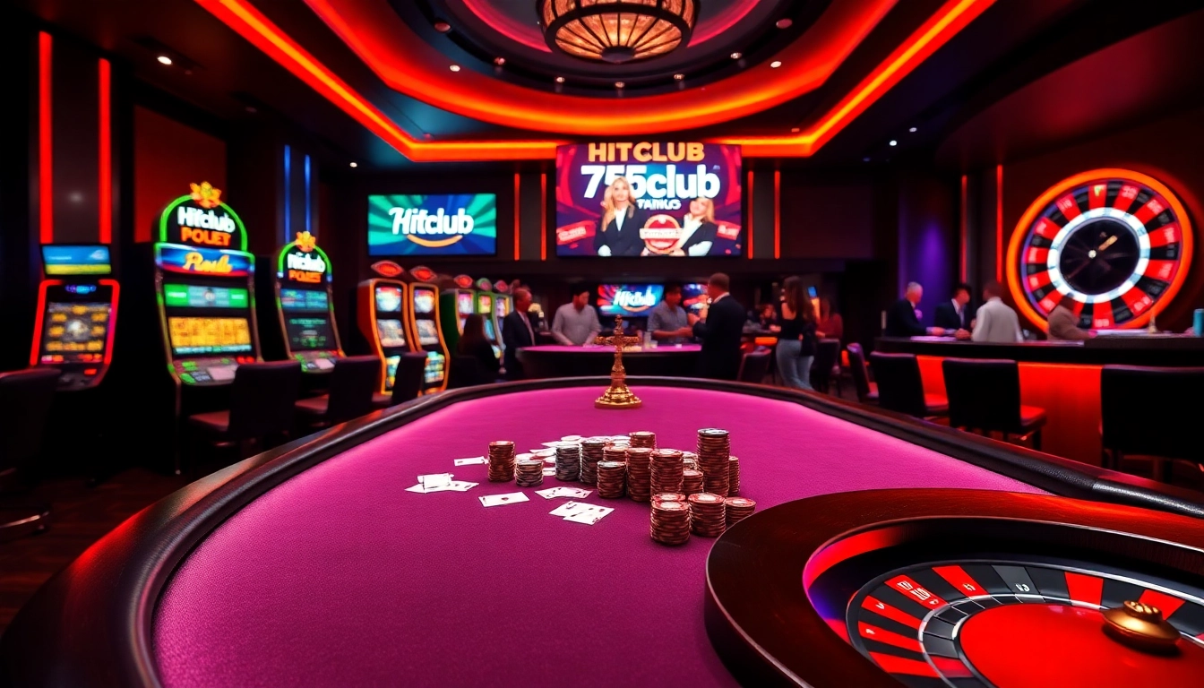 Engaging players at a luxurious Hitclub poker table with vibrant casino elements.