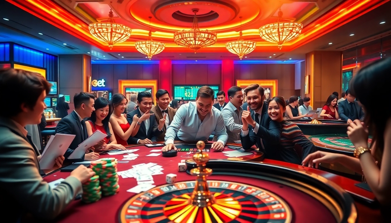 Energizing scene of gamblers engaging at a casino focused on đá gà e2bet, showcasing a roulette wheel and vibrant atmosphere.