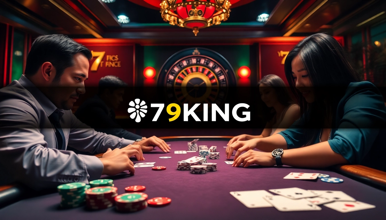 79KING poker players intensely strategizing at a luxury table with colorful chips and cards.