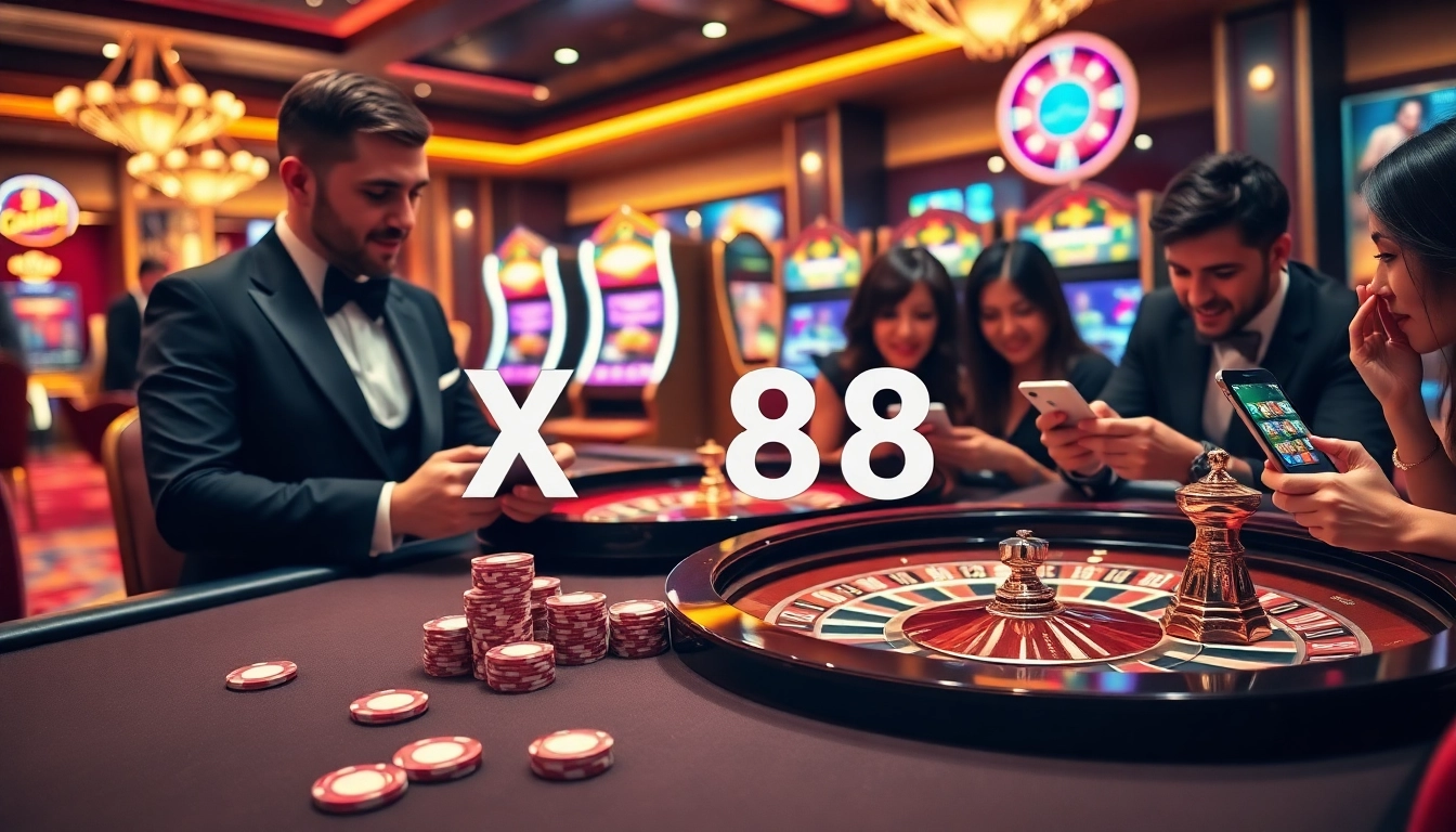 Experience the thrill of gaming at XX88 Casino with vibrant roulette and slot machines.