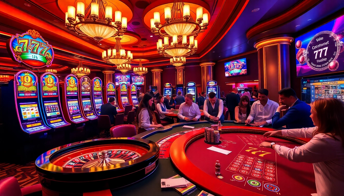 Players engaging in thrilling casino games at 7c77, surrounded by luxury and excitement.