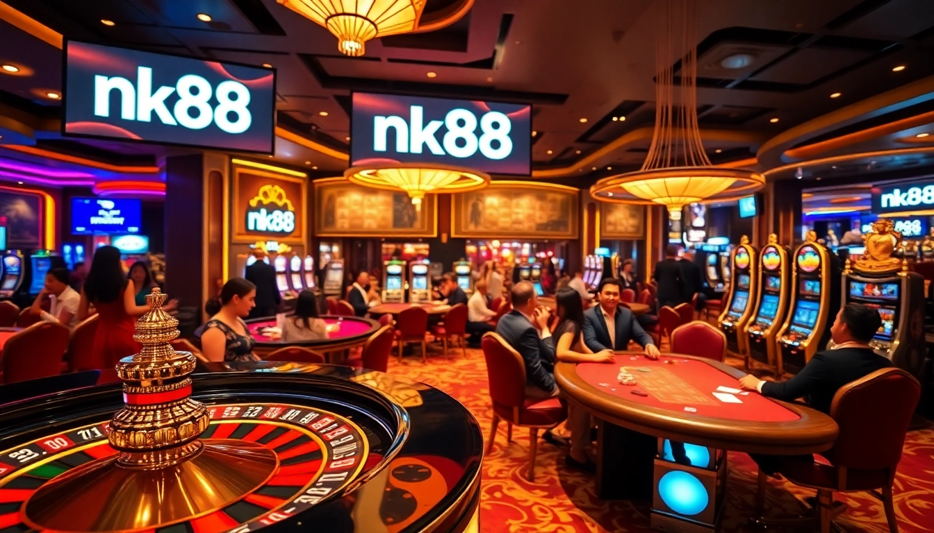 Gambling enthusiasts play at tables featuring nk88-themed games in a luxurious casino setting.