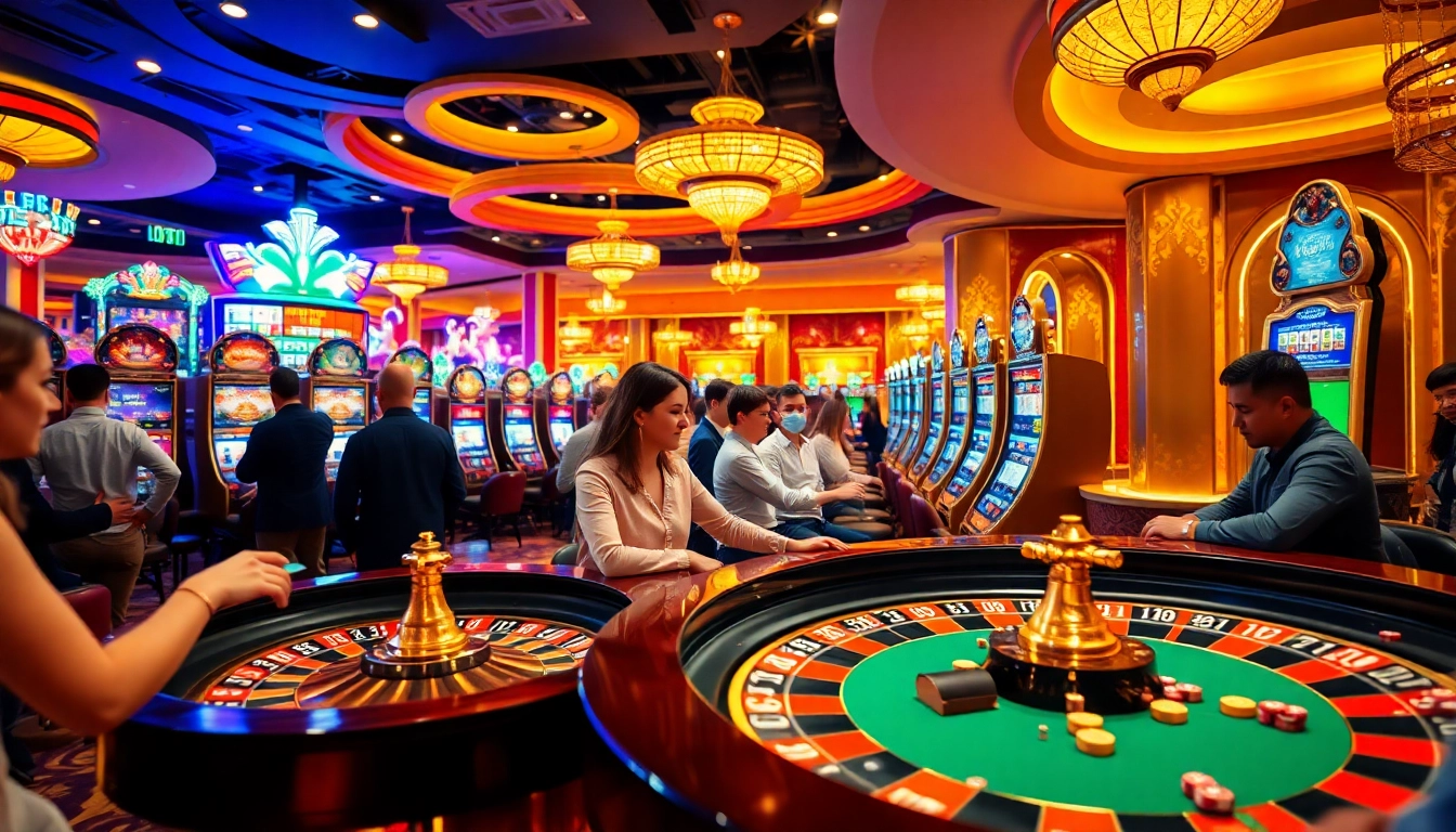 Experience the thrill of the meilleur casino en ligne belgique with players at a roulette table and slot machines.
