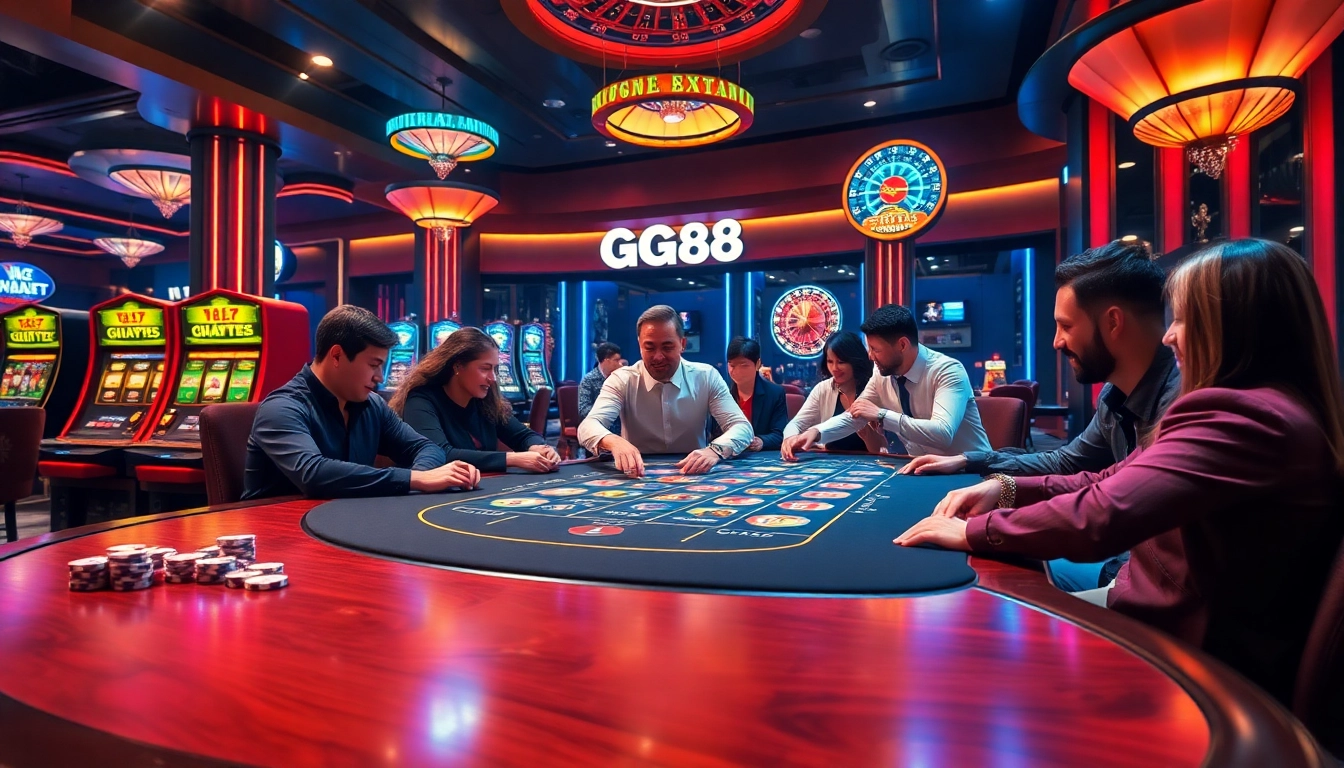 GG88 players enjoying a dynamic poker game in a luxurious casino environment featuring vibrant visuals.
