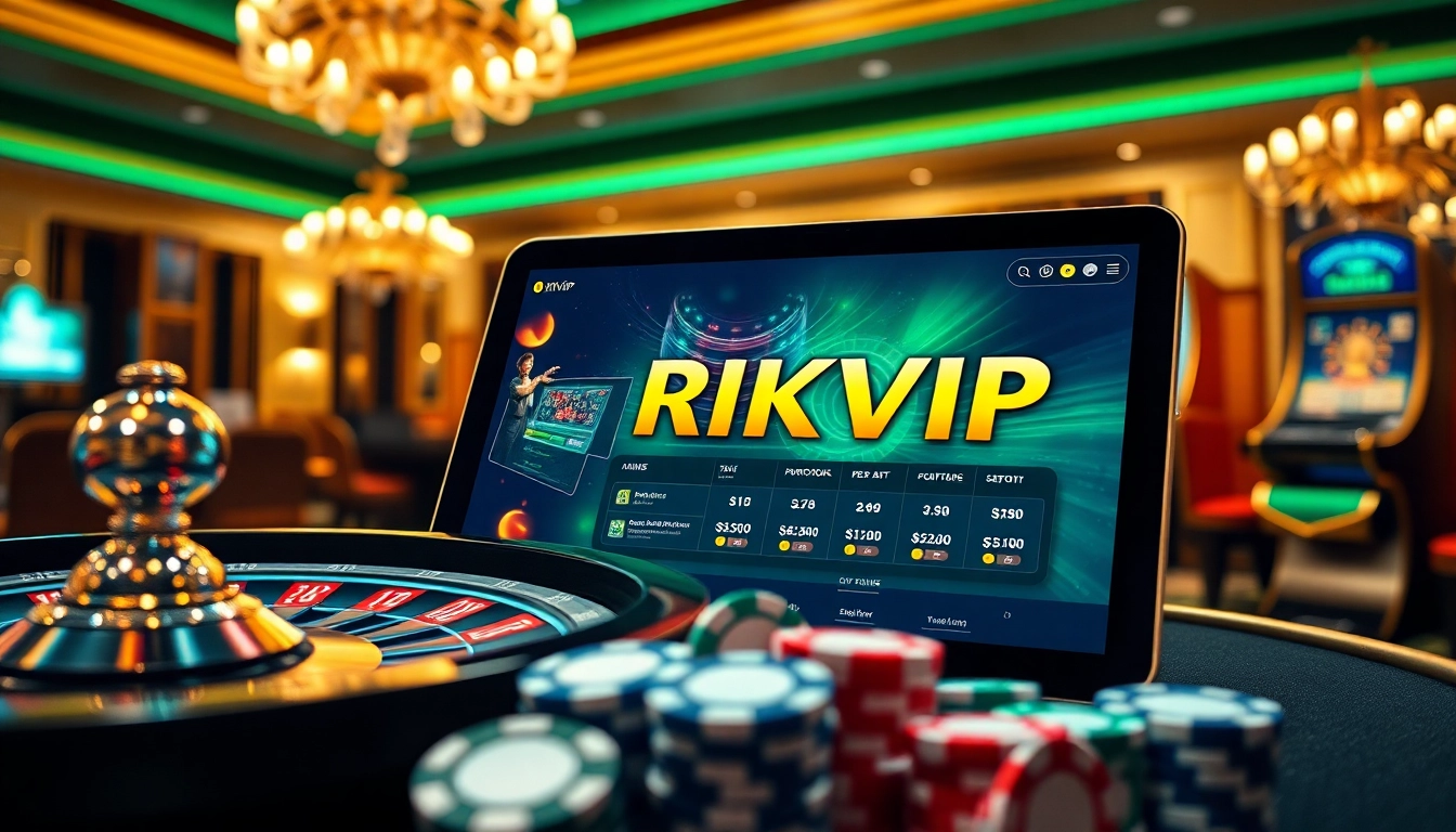 Experience the excitement of RIKVIP through a luxurious casino digital interface featuring vibrant slot machines and roulette.