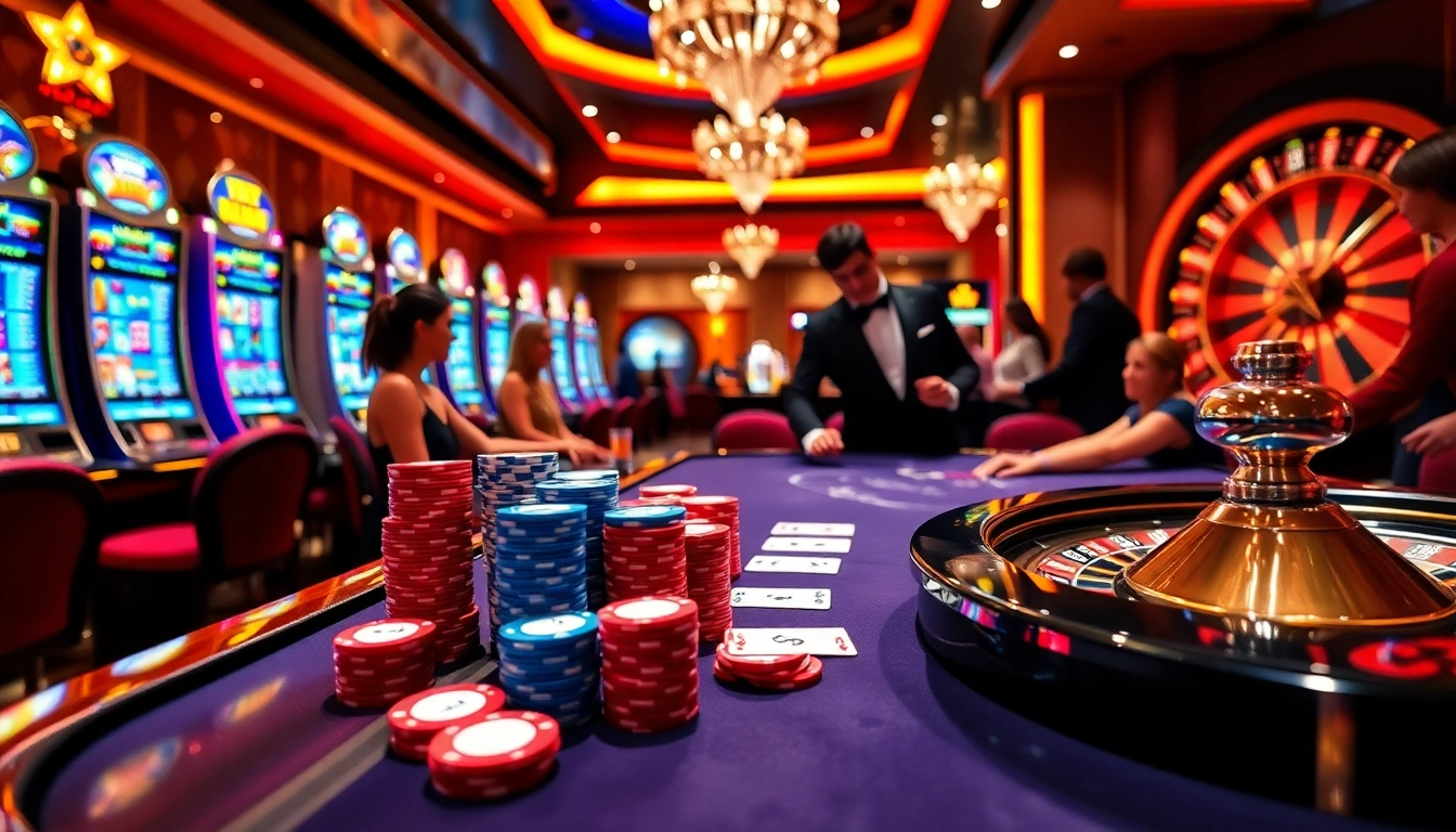 Gamblers enjoying a high-stakes game with B52 elements in a luxurious casino.