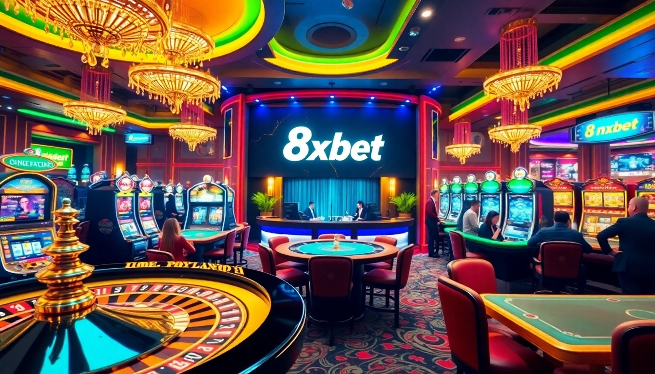 Players engaging at a lavish casino with 8xbet branding, featuring roulette wheels and slot machines.