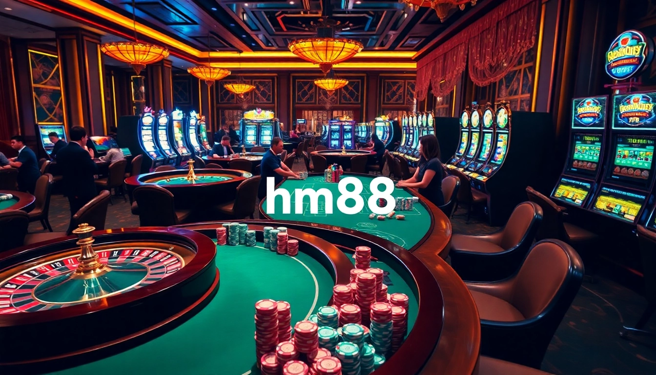 Experience the excitement of gambling at HM88 with vibrant casino tables, roulette wheels, and poker players.