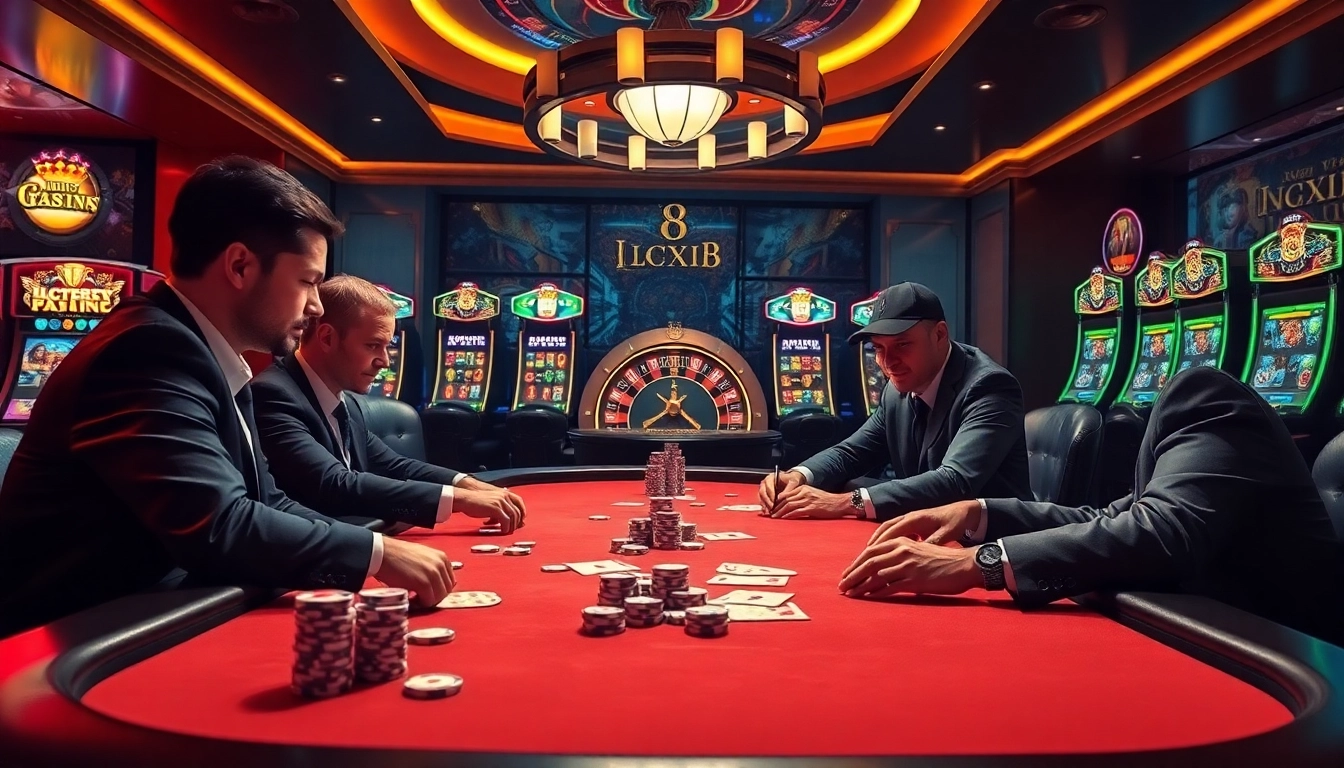Engaged players strategizing in a thrilling luck8 poker game atmosphere with vibrant casino visuals.