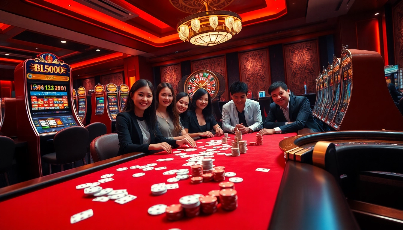 Players enjoy a thrilling game at Nhà cái BL555, with vibrant slots and poker chips in focus.