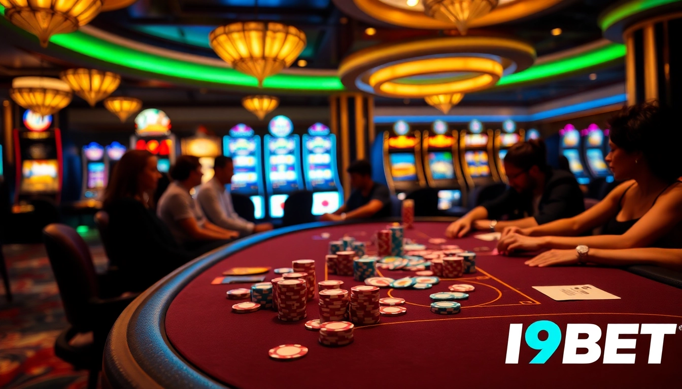 Experience an exhilarating game at I9BET's luxurious poker table with vibrant ambiance.