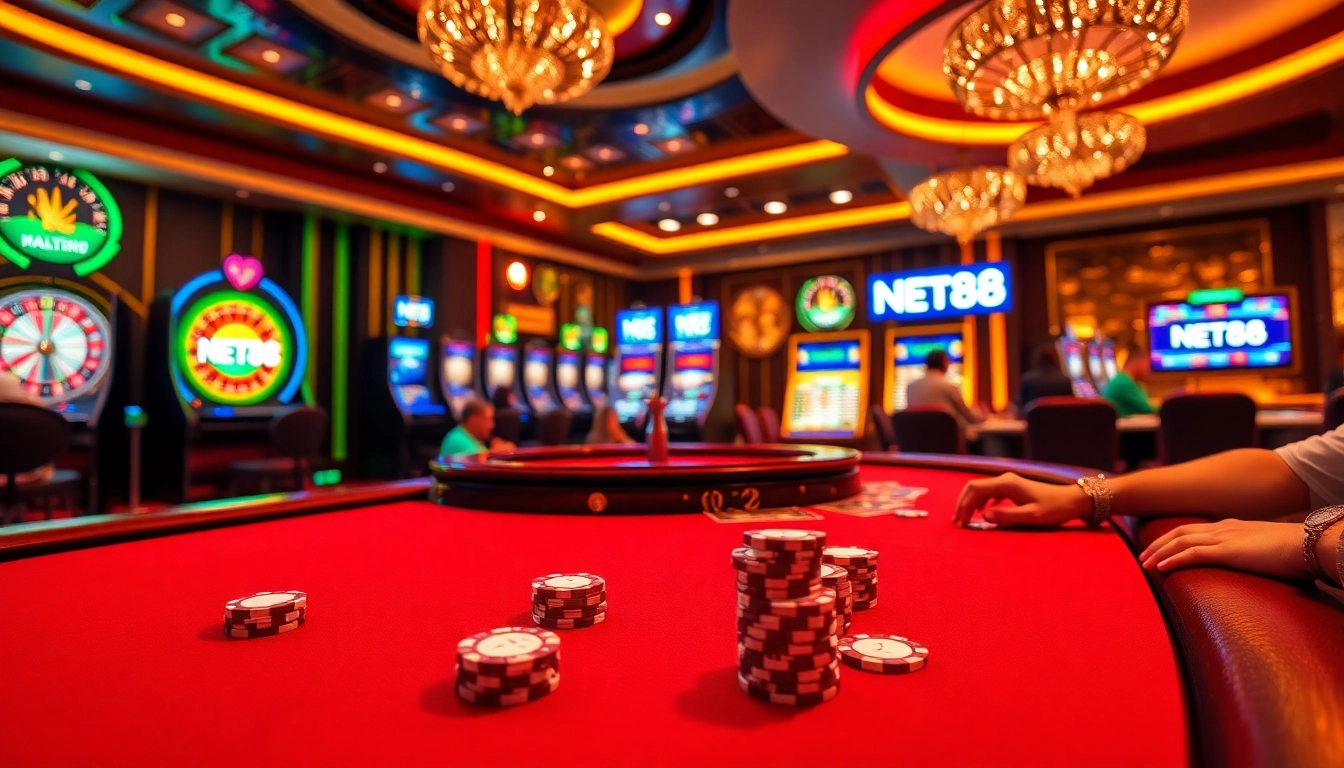 Exciting NET88 poker action at a vibrant casino table with chips and cards.