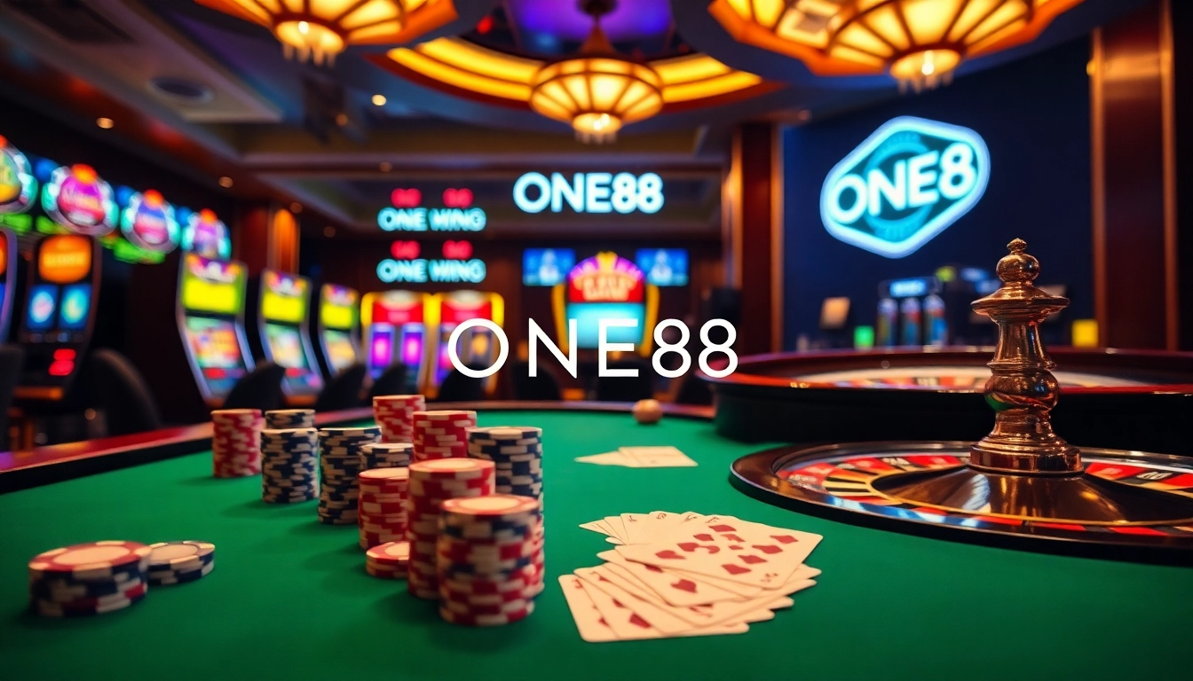 ONE88 casino table filled with poker chips and cards, showcasing thrilling gambling excitement.