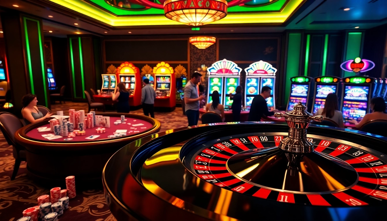 Experience thrilling gameplay at https://luck8f.jpn.com/ with vibrant casino tables and an exciting roulette wheel.
