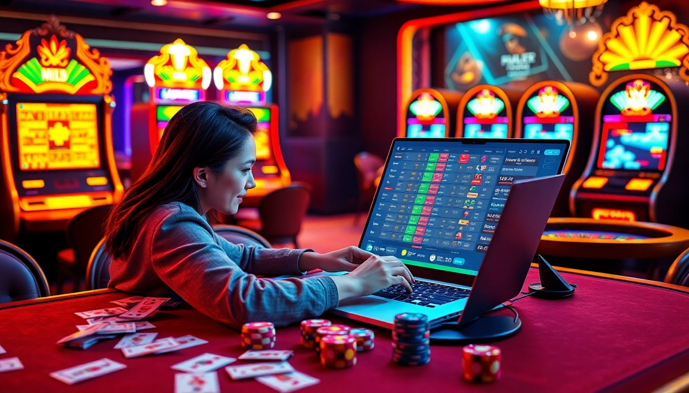 Engaging in lô đề online betting with vibrant casino elements and a lively atmosphere.