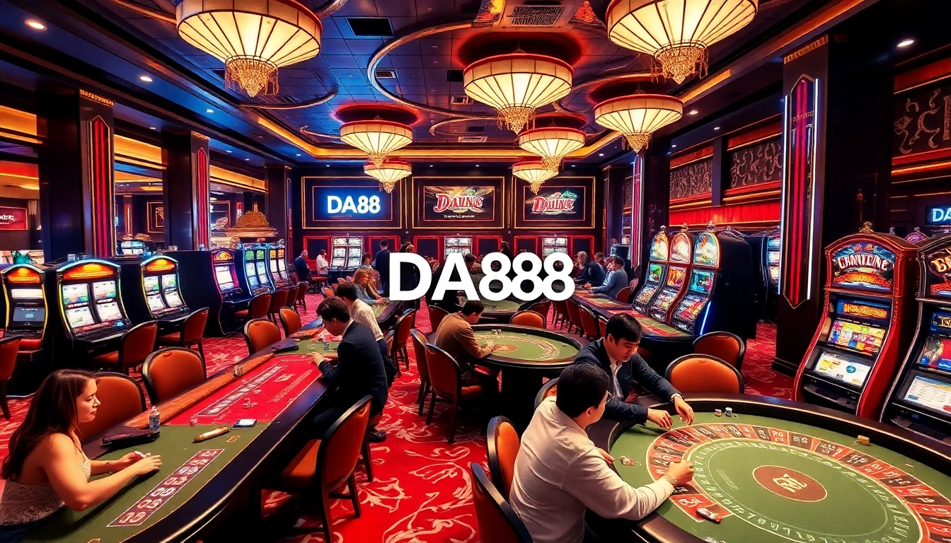 Experience the thrill of DA88 with players at exciting casino tables and vibrant slot machines.