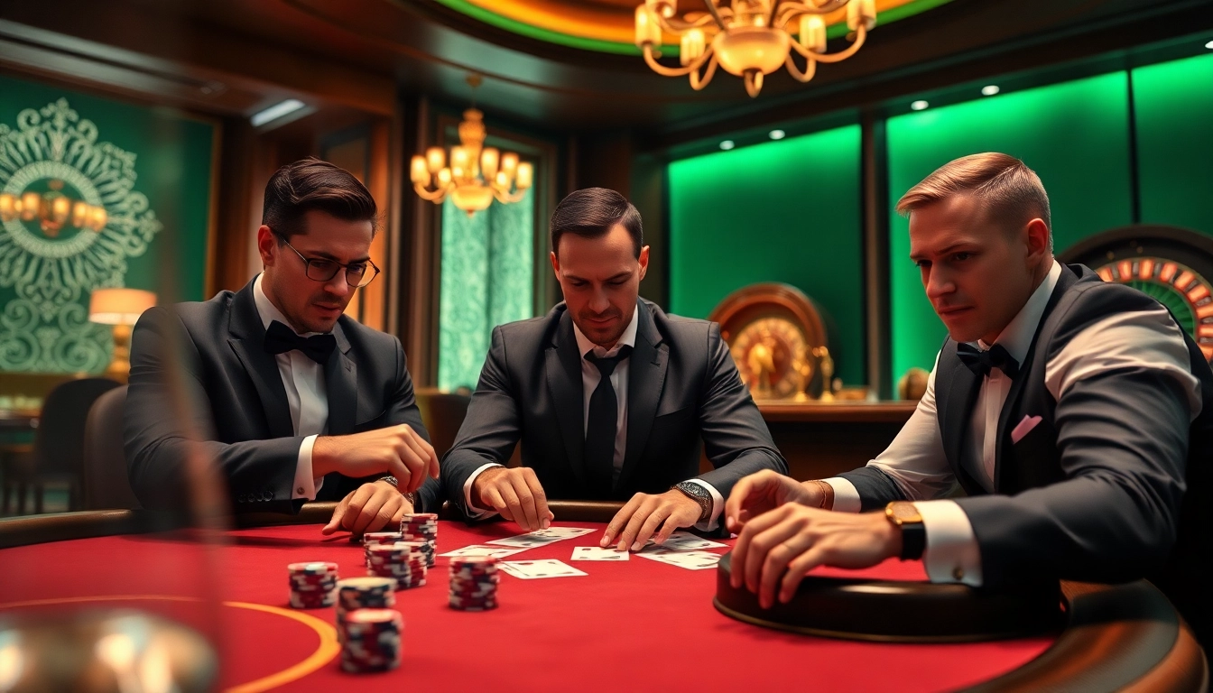 Poker game excitement featuring Vaoluoitv, colored chips, and professional players in a luxurious casino.